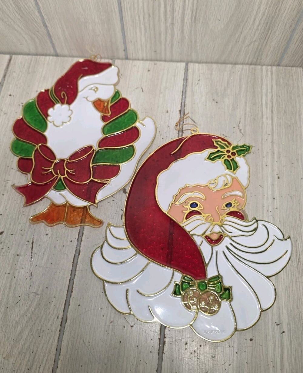 Vintage Santa Claus & Holiday Goose Suncatcher Christmas Decor 10" x 9" Festive
